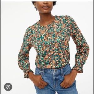 JCrew - Cotton poplin button-neck top with ruffle cuffs / SMALL / OLD FOREST COR